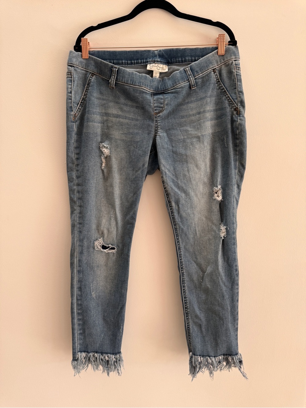 Maternity Distressed Light Blue Women's Jeans with Frayed Hem. Jessica Simpson
